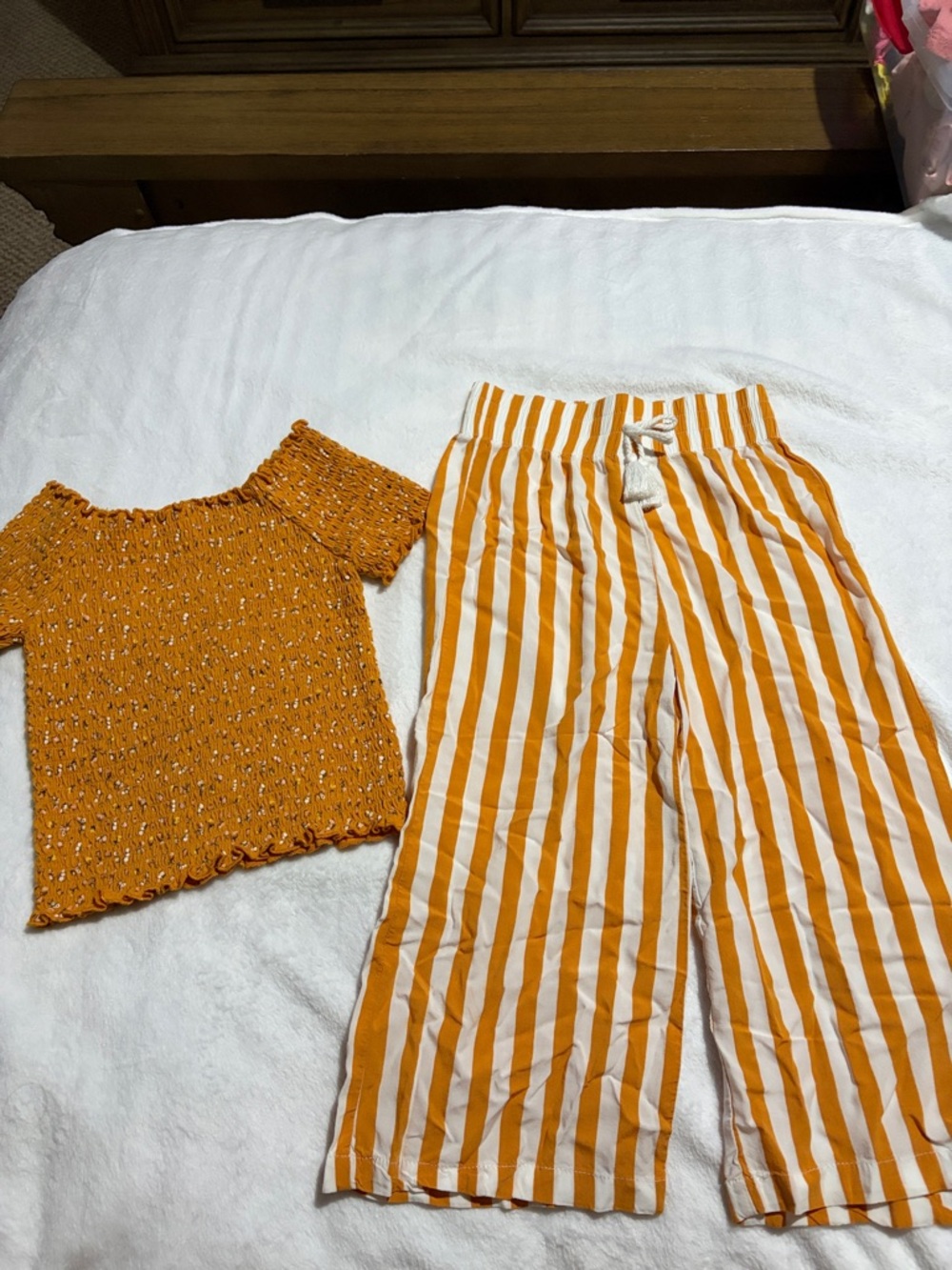 Girls Yellow-Orange Striped Wide Leg Pants & Smocked Off-Shoulder Top Set